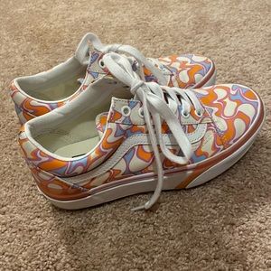 UV platform Vans. Orange, purple, blue swirls and peace signs in sun